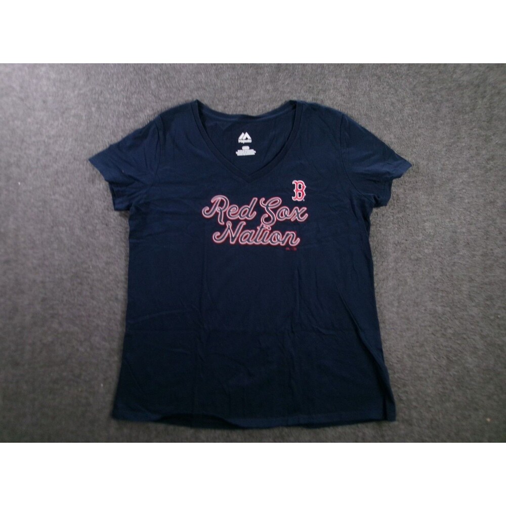 Majestic Tee Womens L Red Sox Nation V-Neck Navy MLB Team Fan Graphic Shirt